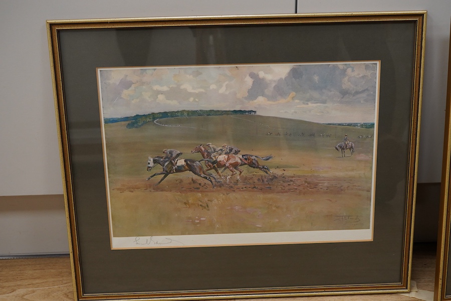 After Lionel Dalhousie Edwards (1878-1966), comprising 'Exercising on the Newmarket Downs’ and ‘The Berkeley Hunt’, each signed in pencil, labels verso, pair of coloured racing prints, 26 x 36cm